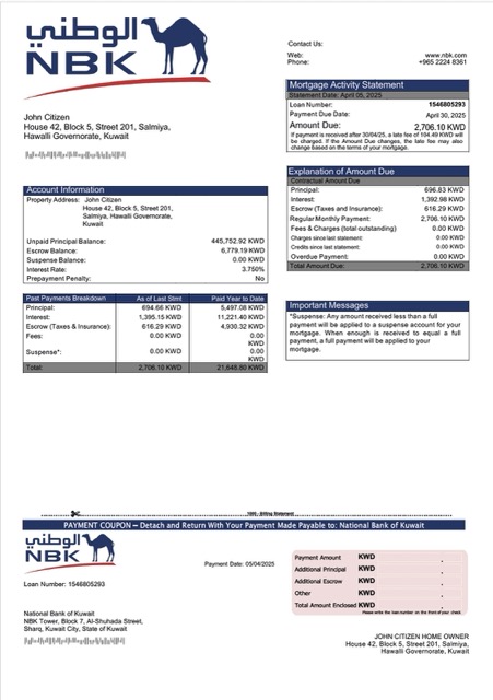 Download Kuwait National Bank of Kuwait mortgage statement Word and PDF template Photoshop template